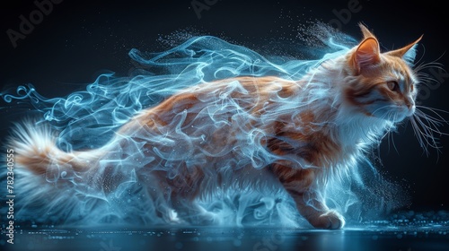   A cat standing in water with smoke emerging from its back legs © Jevjenijs