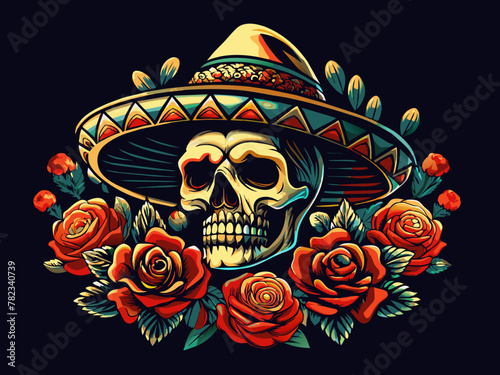 Mexican sugar skull Mexico festive for festival dia de los muertos. Vibrant vector illustration of a skull wearing a sombrero amidst colorful roses on black background