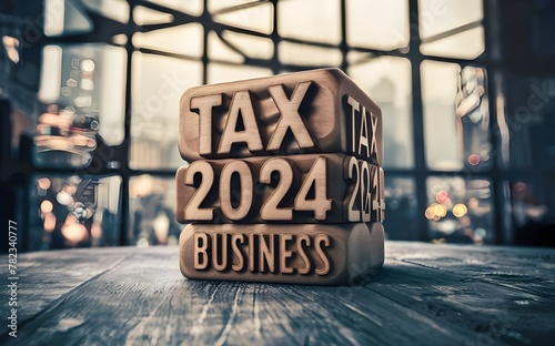 wooden cube block with tax 2024 business word on table background