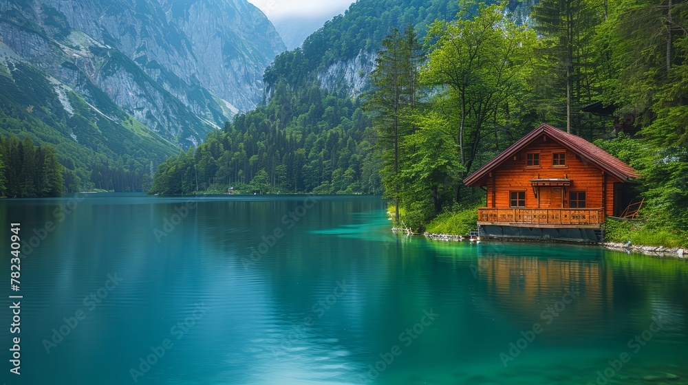 A cabin sits at the lake edge, encircled by verdant mountains and a towering pine forest A cabin sits at the lake edge, encircled by verdant mountains and a towering pine forest