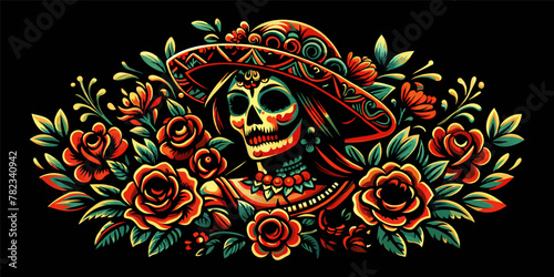 Mexican woman Mexico festive for festival dia de los muertos. Retro old school of female sugar skull for chicano tattoo