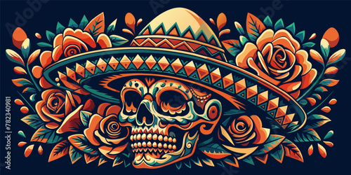 Mexican sugar skull Mexico festive for festival dia de los muertos. Retro old school dead skull for chicano tattoo. Colorful illustration of a day traditional flowers on black background