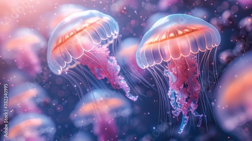   A tight shot of two jellyfish suspended in a water body  surrounded by more jellyfish in the backdrop
