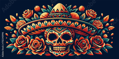 Mexican sugar skull Mexico festive for festival dia de los muertos. Retro old school skull adorned with a sombrero and surrounded by roses for chicano tattoo. Vector illustration of a day of the dead