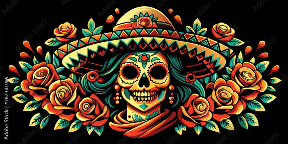 Mexican woman Mexico festive for festival dia de los muertos. Vibrant vector illustration of a decorative female sugar skull with sombrero for day of the dead celebration Mexican woman Mexico festive for festival dia de los muertos. Vibrant vector illustration of a decorative female sugar skull with sombrero for day of the dead celebration