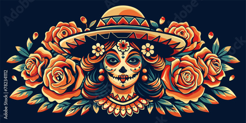 Mexican woman Mexico festive for festival dia de los muertos. Vibrant vector illustration of a decorative female sugar skull with sombrero for day of the dead celebration
