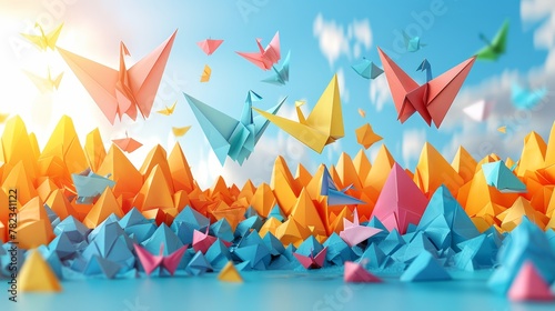  A flock of origami birds flying in the sky..