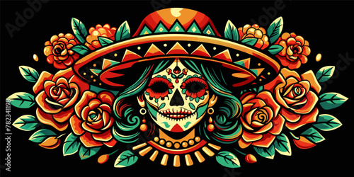 Mexican woman Mexico festive for festival dia de los muertos. Vibrant vector illustration of a decorative female sugar skull with sombrero for day of the dead celebration