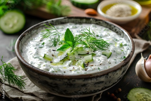 Fototapeta Naklejka Na Ścianę i Meble -  Close up of yogurt raita with herbs spices and cucumber in a bowl on table
