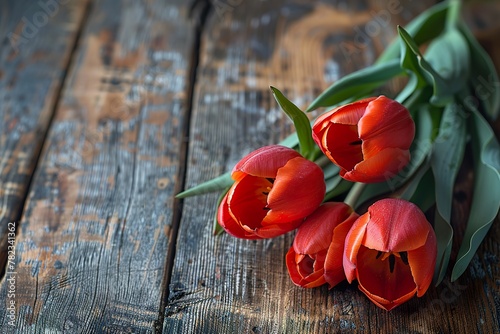 tulips on rustic wooden table top with copy space #782341362