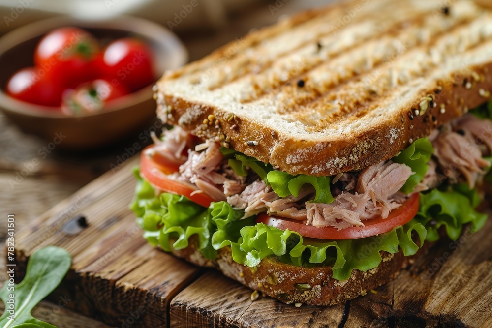 Close up shot of a wooden table with a freshly made Tuna Sandwich