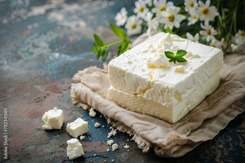 Close up shot of vintage background with fresh feta cheese