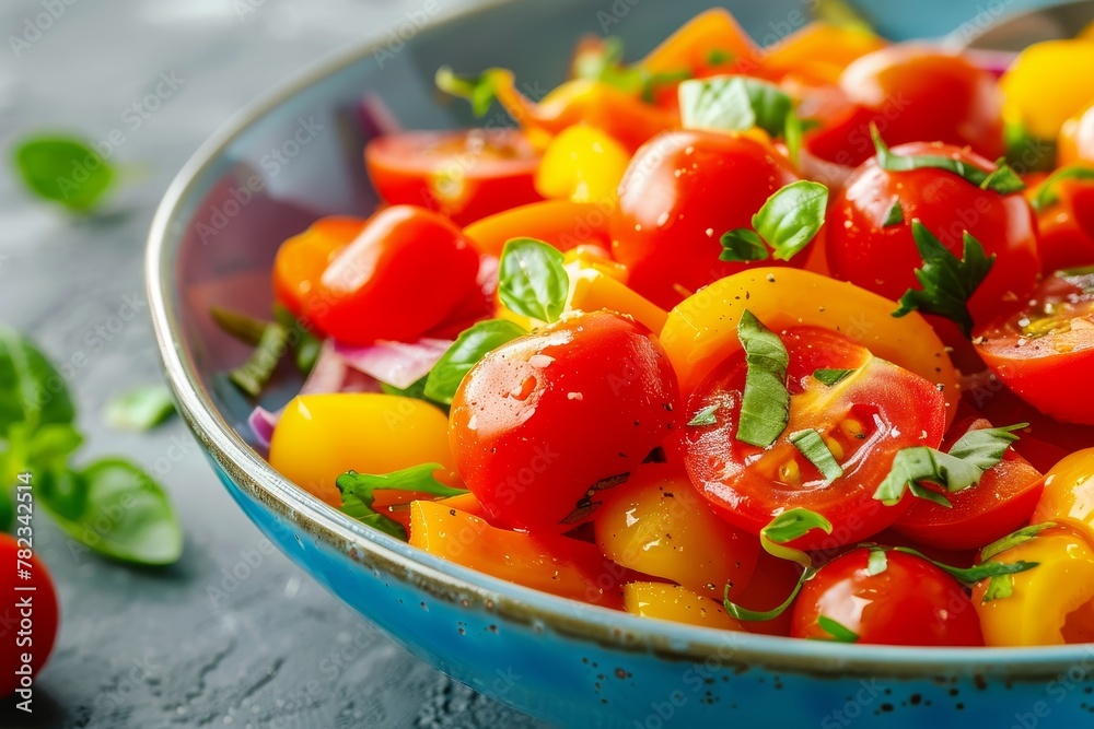 Colorful spring veggie salad with tomatoes and peppers in blue bowl Organic vegan meal or snack Colorful spring veggie salad with tomatoes and peppers in blue bowl Organic vegan meal or snack