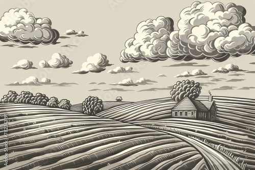 Rural landscape with farm on meadow. Engraving monochrome graphic style. Spring sunny field with grass or wheat. Farming, harvest, vineyard concept. Retro illustration for poster, banner, card © ratatosk