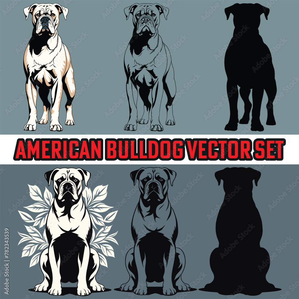 American Bulldog vector set, Bulldog silhouette, Bulldog clip art illustration,  Bulldog line art, Bulldog illustration bundle, Bulldog drawing vector bundle, silhouette, Line art, fight, muscle.