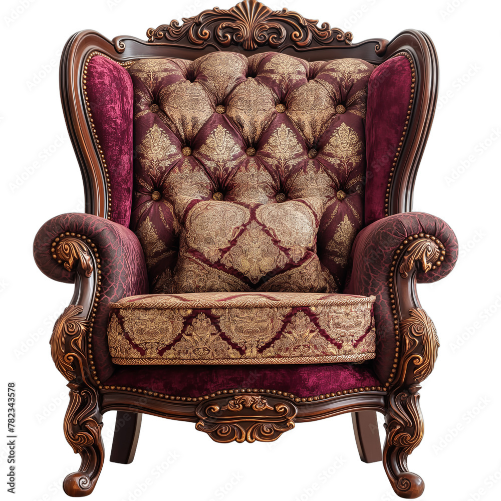 Ornate vintage armchair with burgundy floral damask upholstery and dark wooden legs and armrests - obrazy, fototapety, plakaty 