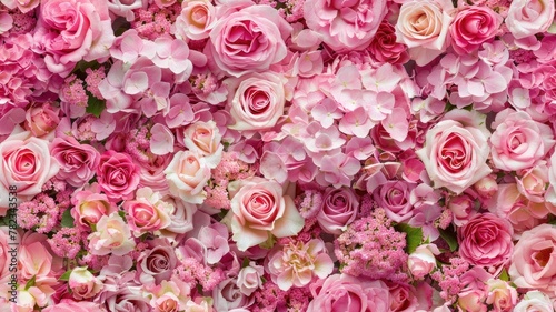 a wall adorned with a dense arrangement of pink roses and hydrangeas, seamlessly blending red, fuchsia, and purple hues, creating a mesmerizing floral background. SEAMLESS PATTERN