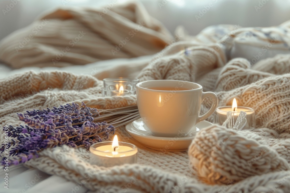 Cozy morning at home with tea candles and hygge vibes Cozy morning at home with tea candles and hygge vibes