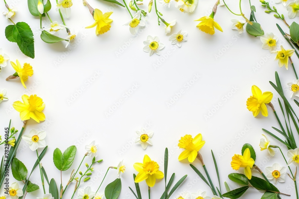 Daffodil spring flowers and leaves arranged creatively on white background Floral banner with yellow narcissus Easter flowers concept flat lay Daffodil spring flowers and leaves arranged creatively on white background Floral banner with yellow narcissus Easter flowers concept flat lay
