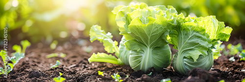 Fresh Organic Lettuce and Kohlrabi on Sunny Kitchen Garden Patch - Spring Allotment Background photo