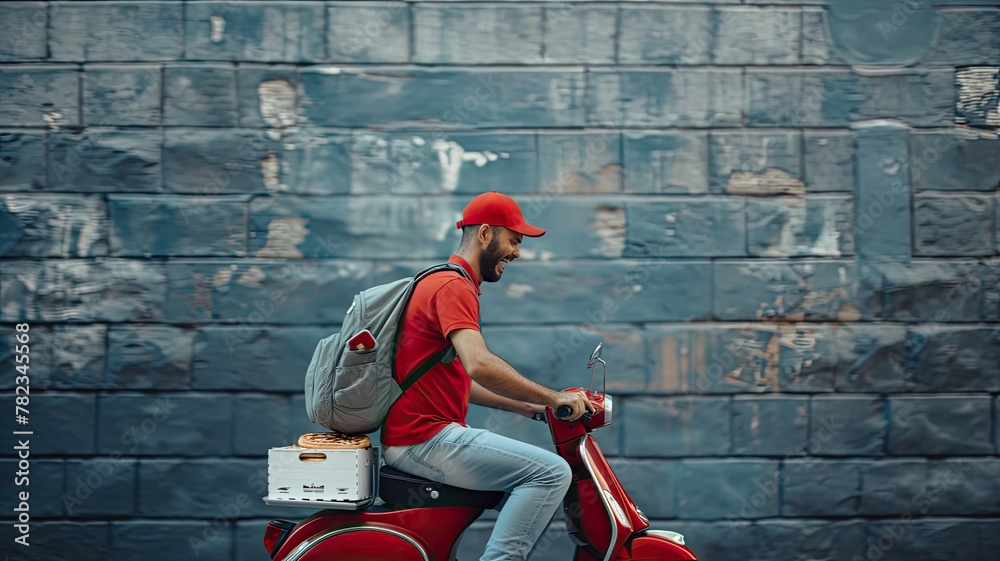 Fototapeta premium a young pizza delivery man, donning a motorcycle helmet and carrying a backpack brimming with paper boxes, smiling as he checks his phone for delivery updates.