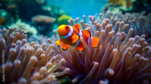 Underwater wonder: Colorful clownfish nestled in vibrant coral reef