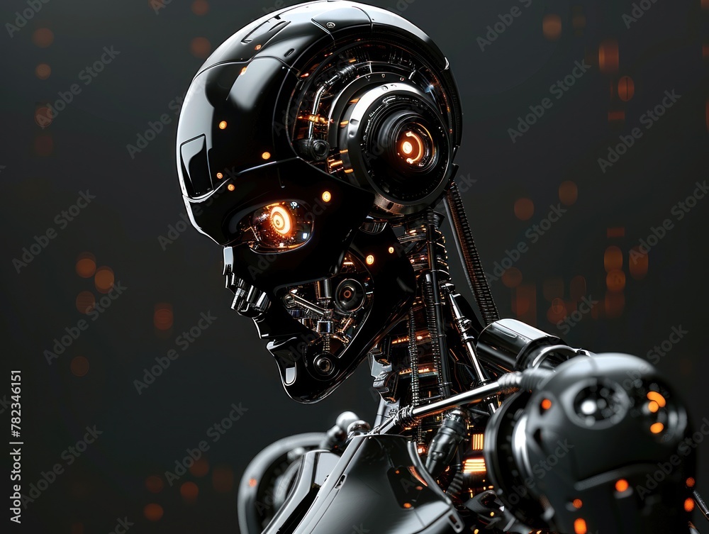 A robot with glowing eyes stands out against a black background A robot with glowing eyes stands out against a black background