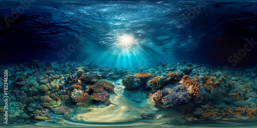 underwater scene with coral reef and fishes 8K VR 360 Spherical Panorama photo