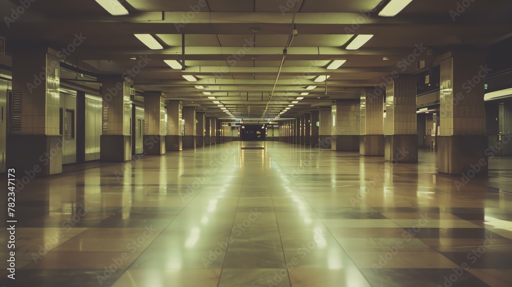 An empty, brightly lit subway station with tiled floors and walls.