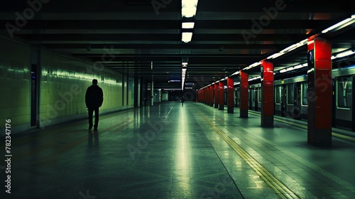 An empty subway station with a single person walking away from the camera. The station is lit by bright lights, and the person is wearing a long coat.