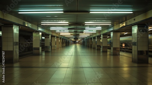 The long  empty subway station is lit by bright fluorescent lights. The tiled floor and walls are a faded yellow  and the station is devoid of people.
