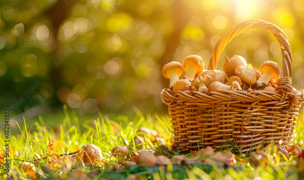 A wicker backet full of the many mushrooms put in the green forest. A wicker backet full of the many mushrooms put in the green forest.