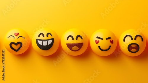 A row of five emoji faces with different expressions on a yellow background.