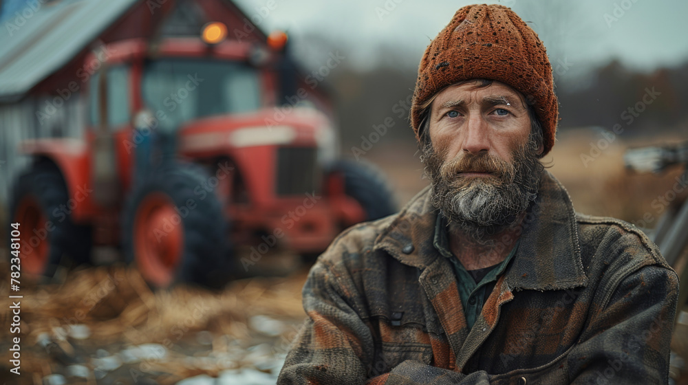 Obraz premium Proud farmer standing in front of his red tractor.