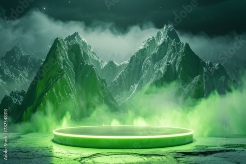 Green Circular Object in Front of Mountain Range