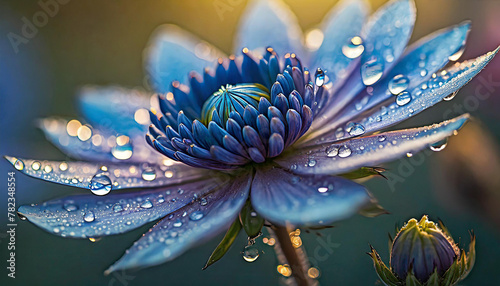 Close-up of dark blue flower with water droplets. Beautiful nature. Macro shot. #782348554