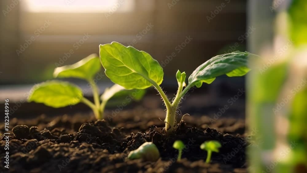Plant seedling. Earth Day. Crop farming. Young green sapling leaves swaying in wind growing in fertile soil on dark storm sky nature background. Vertical video. Plant seedling. Earth Day. Crop farming. Young green sapling leaves swaying in wind growing in fertile soil on dark storm sky nature background. Vertical video.