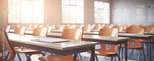 A many school desk with chairs in the university clasroom, modern school concept.