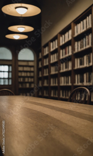 Empty table on an library background for product presentation