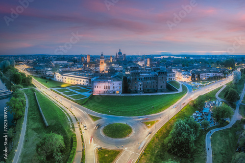 Panoramic aerial night view of the skyline of city of Mantua, Lombardy, Italy