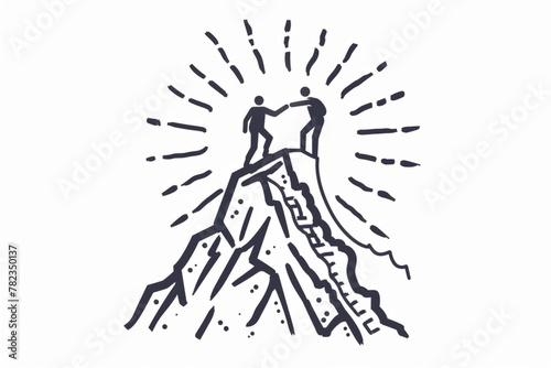 logo design  line art of an individual helping another person reach the top of their mountain with sunlight shining down on them from behind simple lines and shapes on a white background Generative AI
