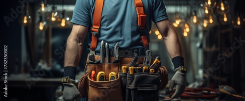 An American male worker stands slightly sideways, with tools hanging on his waist