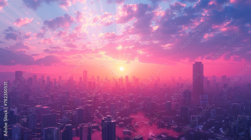 sunset on the city with vaporwave tone color, suitable for wallpaper, posters. Generative AI