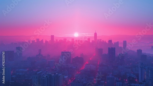 sunset on the city with vaporwave tone color  suitable for wallpaper  posters. Generative AI