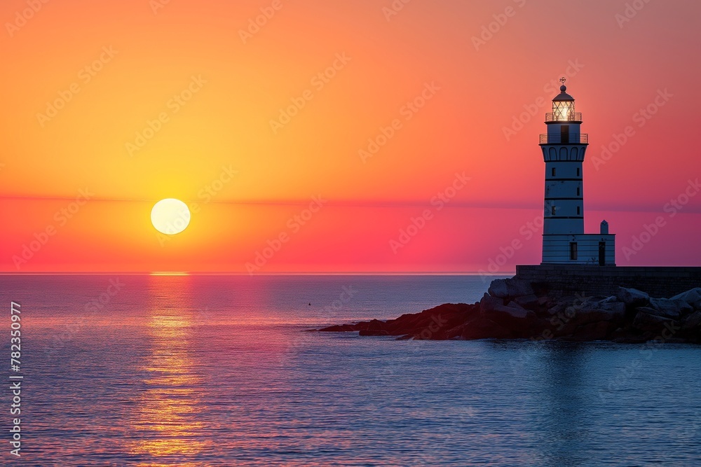 Lighthouse on the sea at the sunset