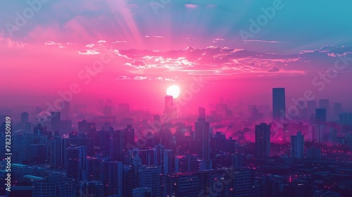 sunset on the city with vaporwave tone color, suitable for wallpaper, posters. Generative AI