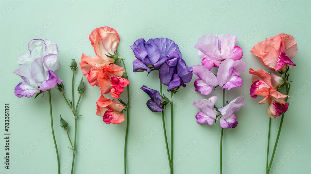 An arrangement of sweet pea blossoms in vibrant