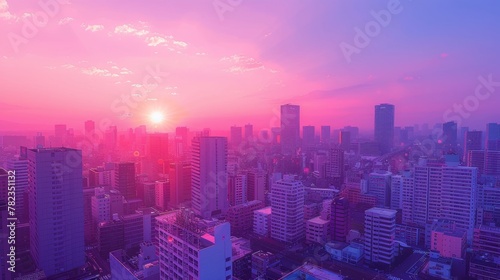 sunset on the city with vaporwave tone color, suitable for wallpaper, posters. Generative AI