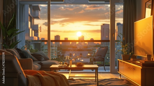 Urban City Condominium Interior Design: Living Room and Balcony Terrace with Sunset Background