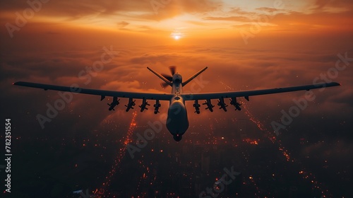 Military drone soaring through the atmospheric sky at sunset
